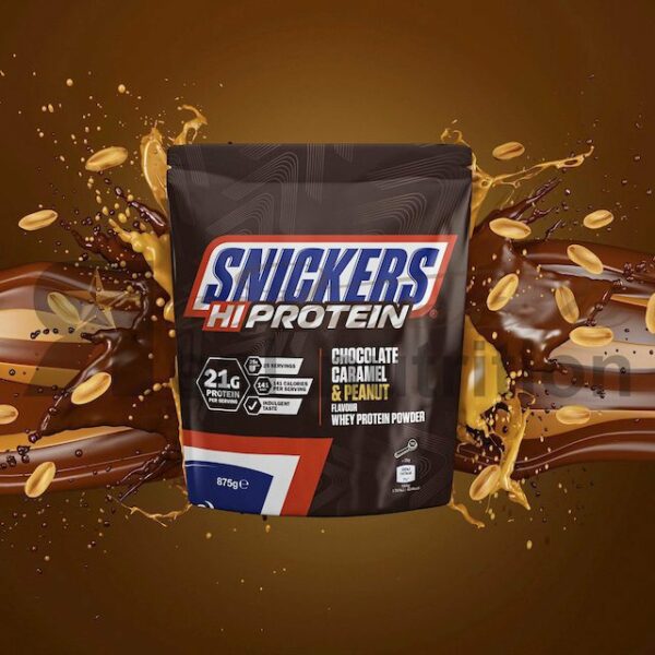 Snickers Whey Protein Powder 875g. Turn up the taste with the NEW Snickers Hi-Protein Chocolate & Caramel Whey Protein powder!